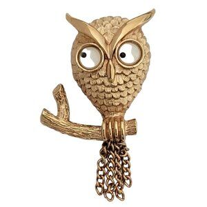 Avon Vintage Gold Tone Googly Eye With Tassel Owl Brooch Pin, Signed M112